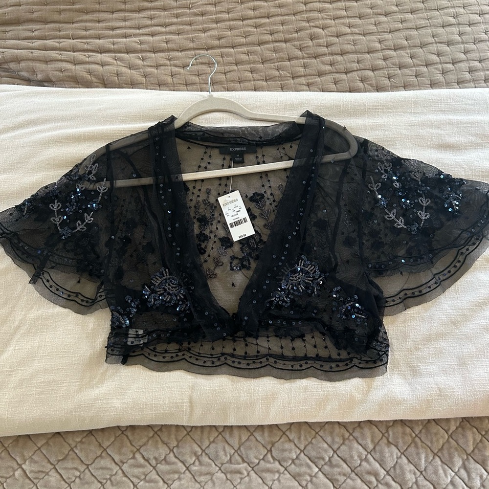 Black Sheer Embellished Crop Top